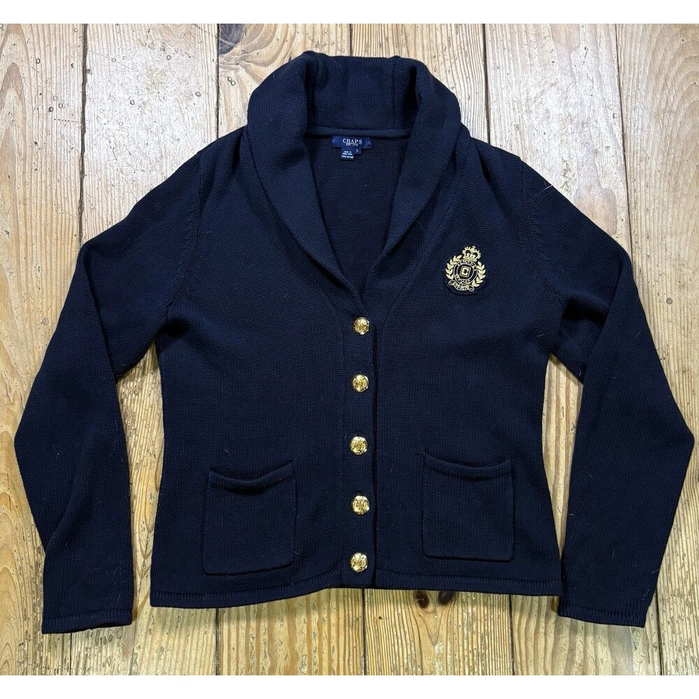 Chaps Cardigan Sweater Women Large Black Gold Button Shawl Collar Crest Nautical